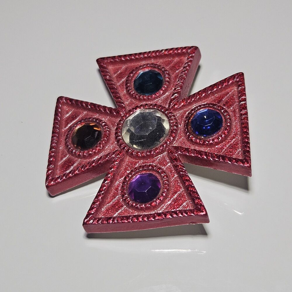 Vintage Red Geometric Cross Multicolored Rhinestones Brooch - Picture 7 of 9